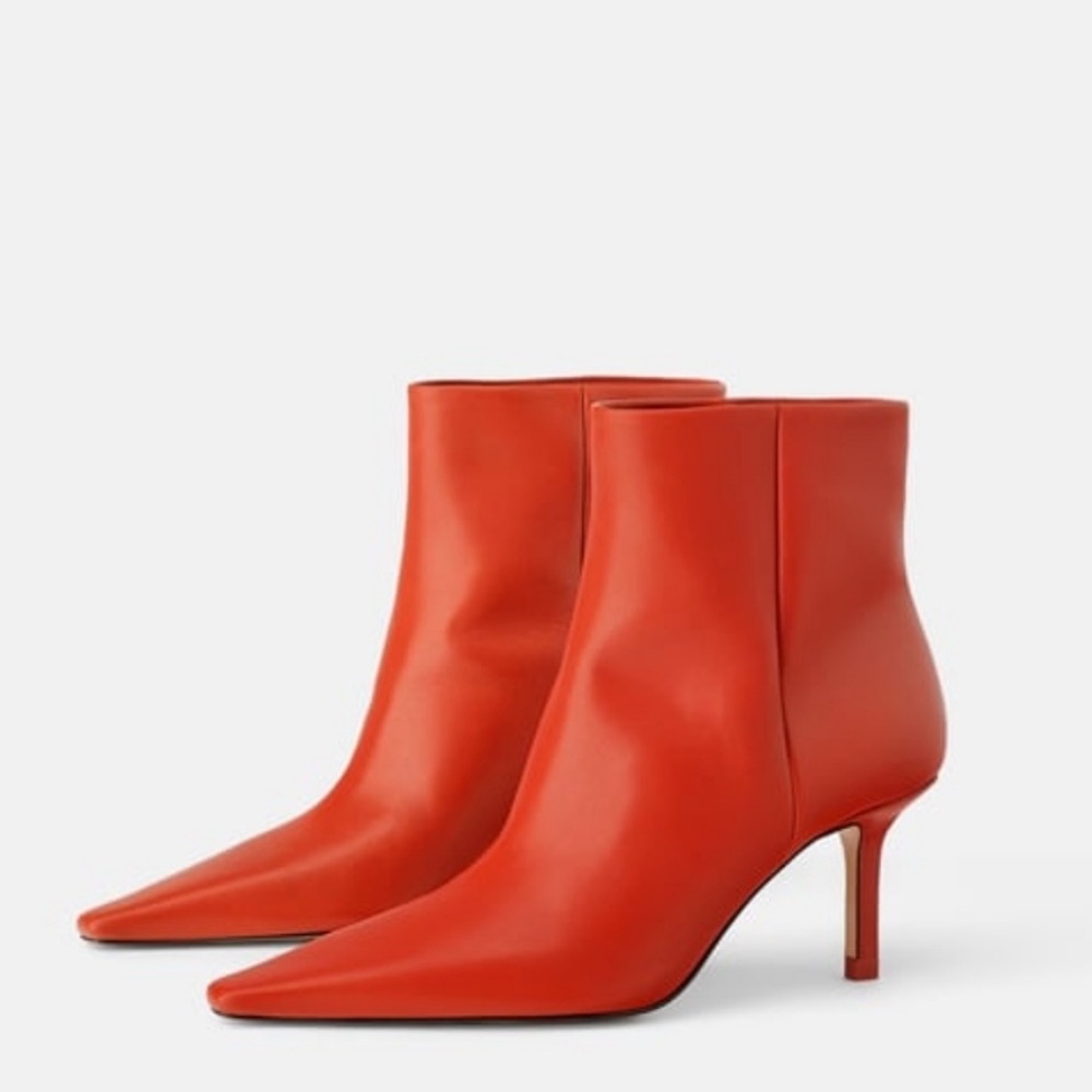 ZARA High Heel Gaucho Pointed Toe Red Leather Ankle Boots size 36